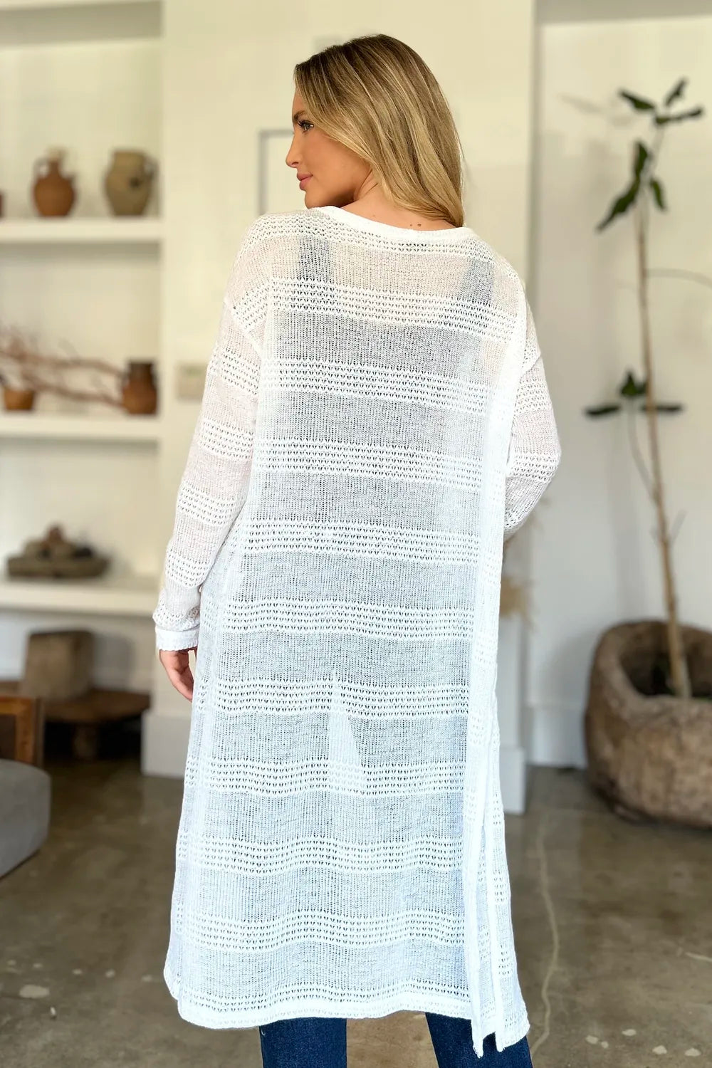 White Double Take openwork longline cardigan — back view
