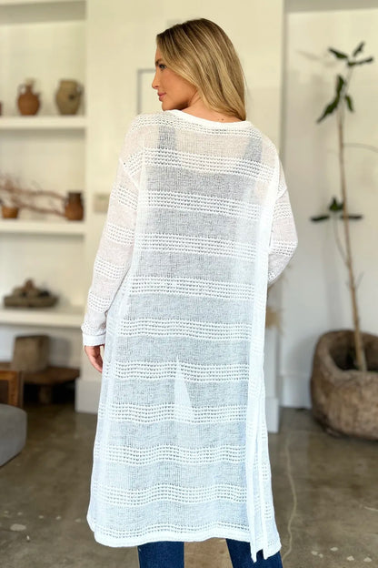 White Double Take openwork longline cardigan — back view