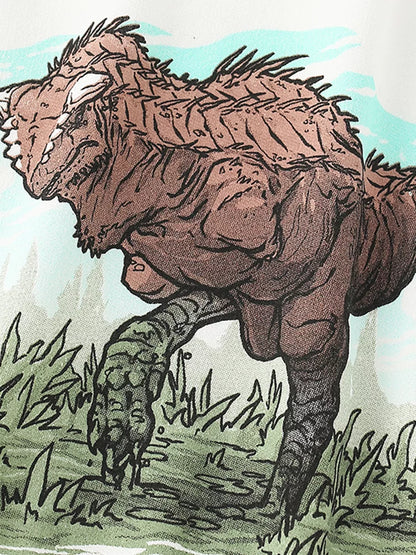 Close-up of the dinosaur graphic printed on the sweatshirt.