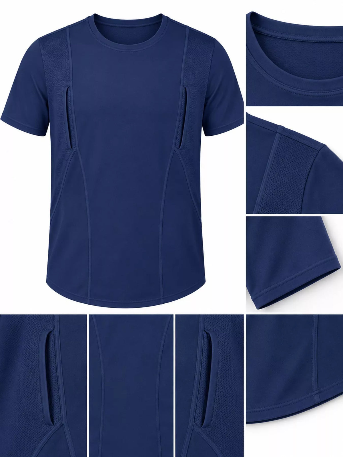 Navy blue active T-shirt detail collage showing neckline, seams, sleeves, pocket openings and hem.