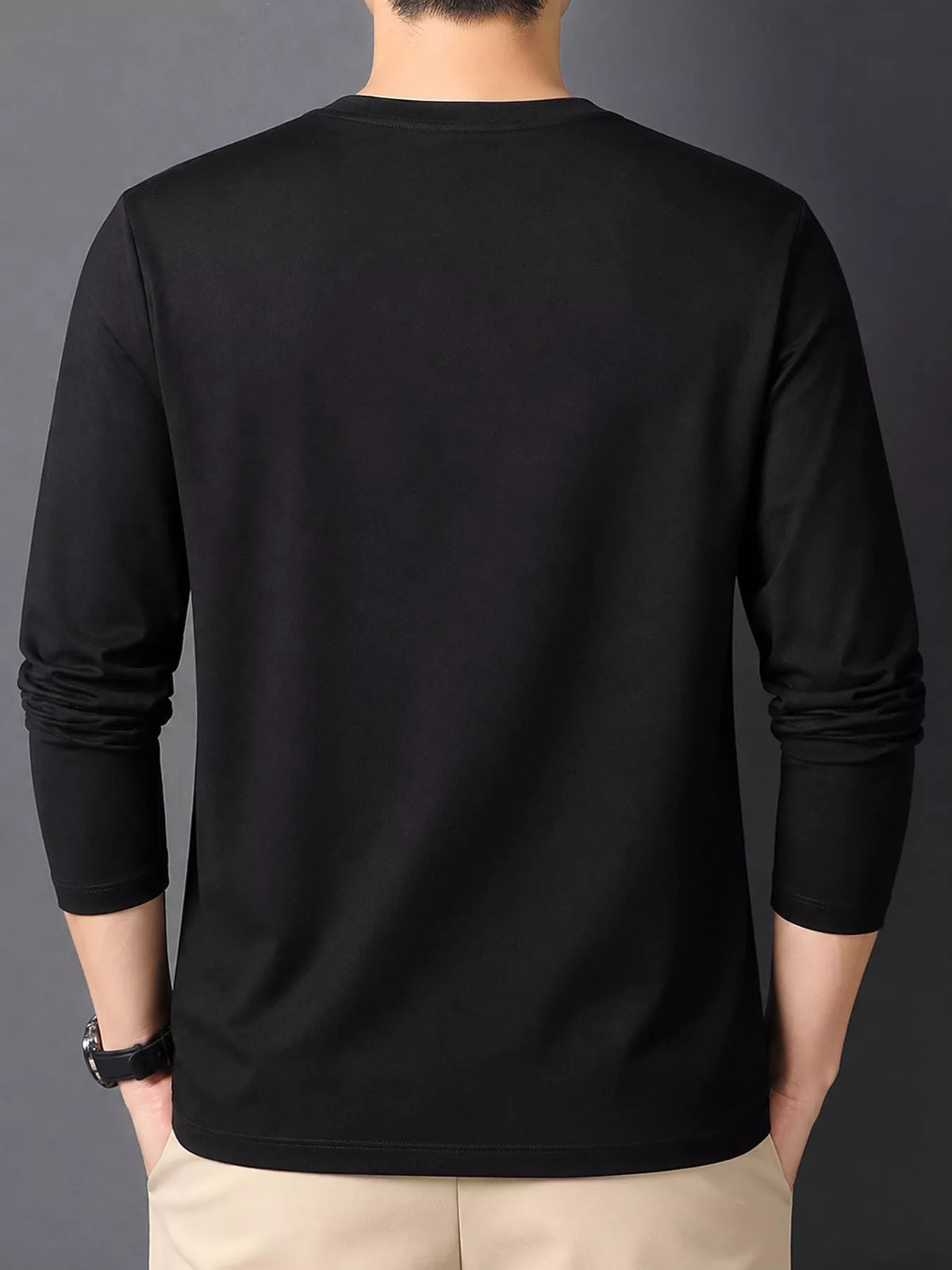 Black men's cotton long-sleeve crewneck tee, back view.