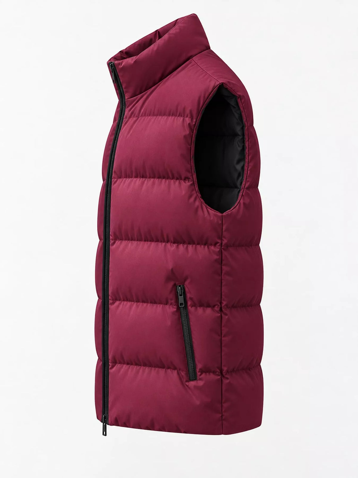 Burgundy men's lightweight zip-up puffer vest — side view
