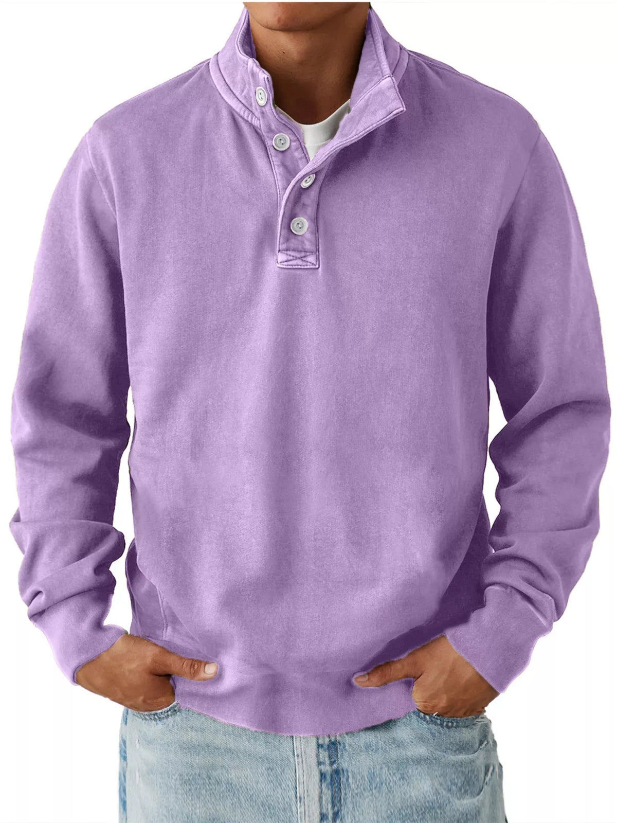 Purple men’s long-sleeve sweatshirt with stand collar and button placket, worn over a separate light T-shirt and jeans. One sweatshirt only.