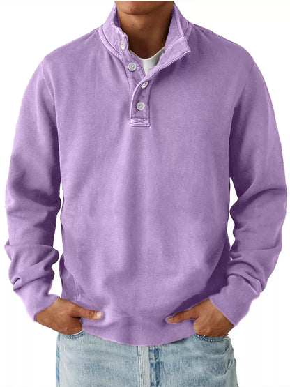 Purple men’s long-sleeve sweatshirt with stand collar and button placket, worn over a separate light T-shirt and jeans. One sweatshirt only.