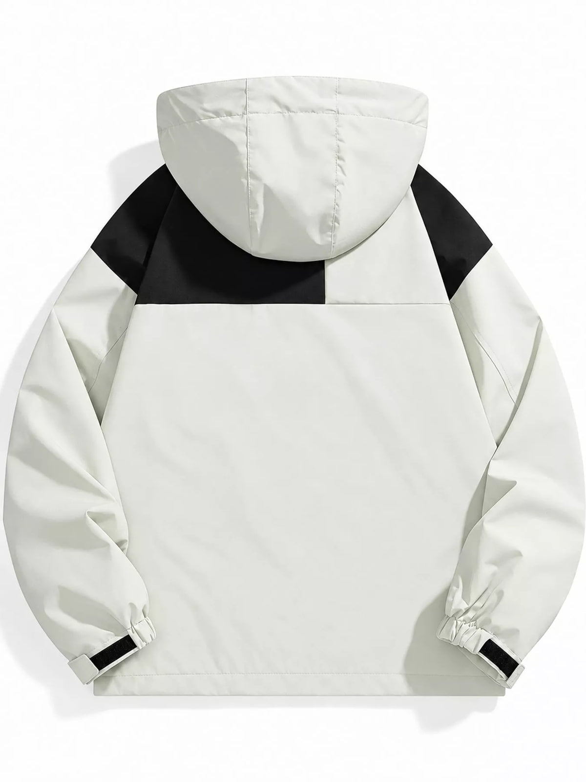 Ivory windbreaker with black shoulder panels, back view.