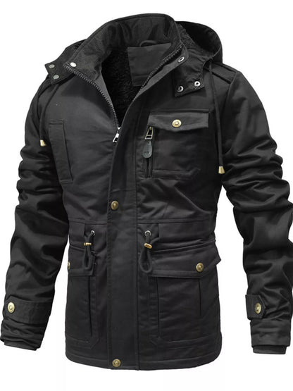 Black hooded jacket front showing the zip and snap closures, pockets, drawcord waist and cuff tabs.