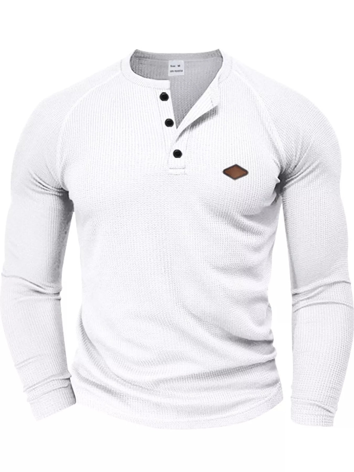 White men’s waffle-knit Henley with buttoned neckline and long raglan sleeves, front view.