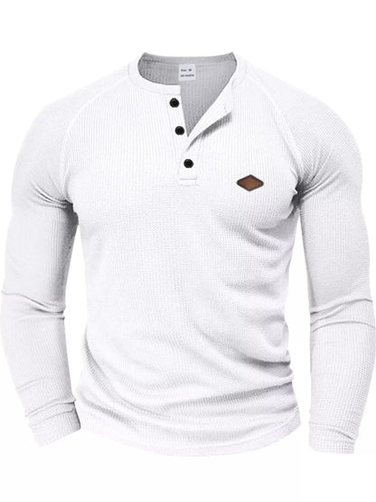 White men’s waffle-knit Henley with buttoned neckline and long raglan sleeves, front view.