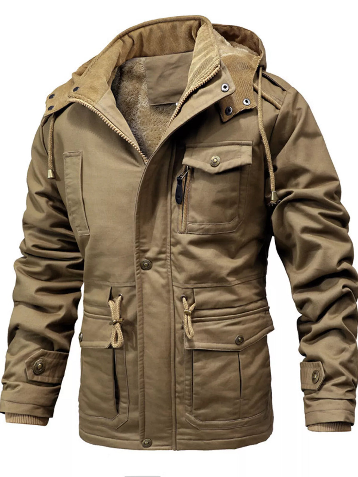 Khaki hooded jacket front showing the chest and lower pockets, snap placket and drawcord waist.
