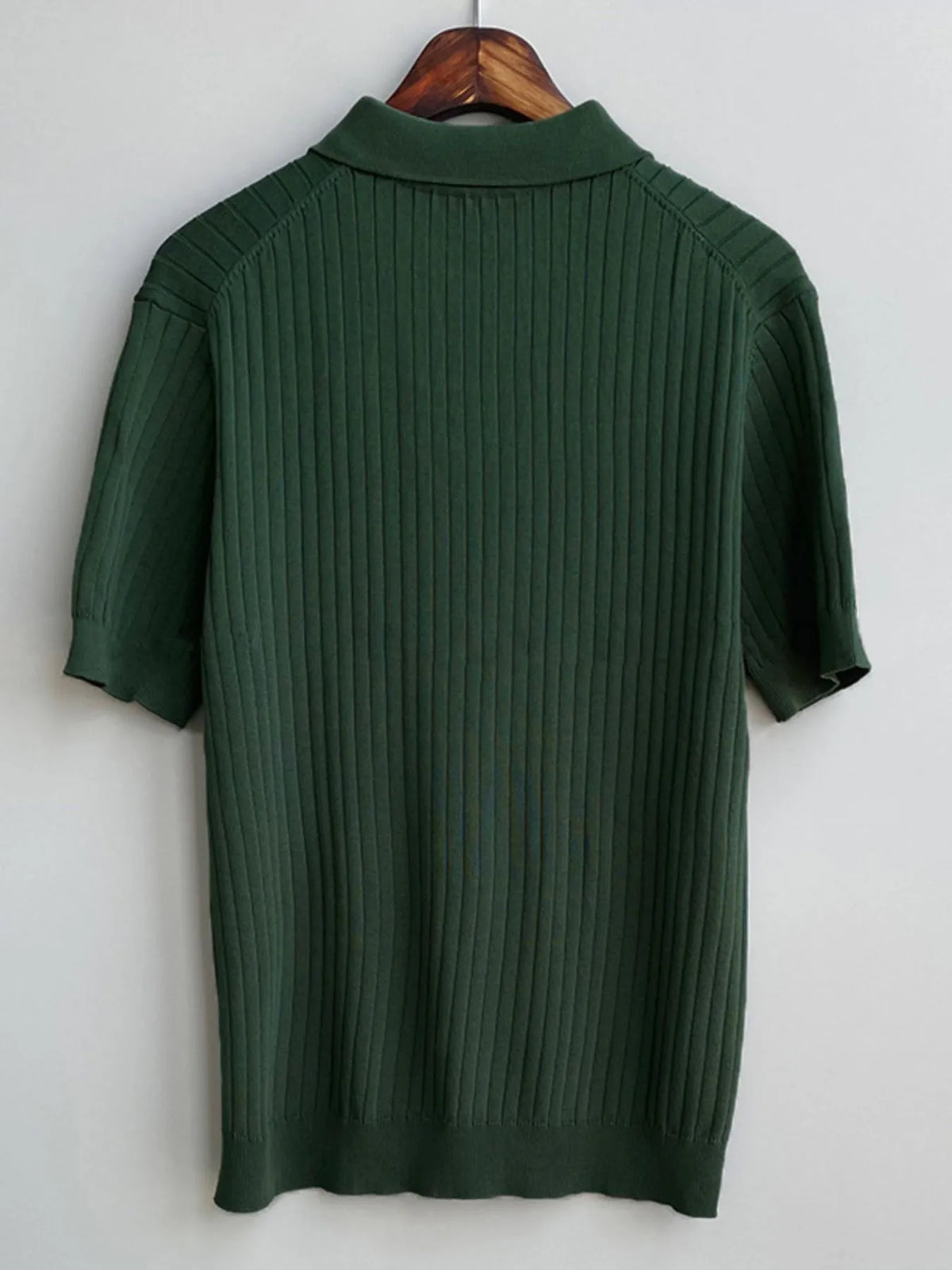 Men's Green ribbed knit polo on hanger, back view