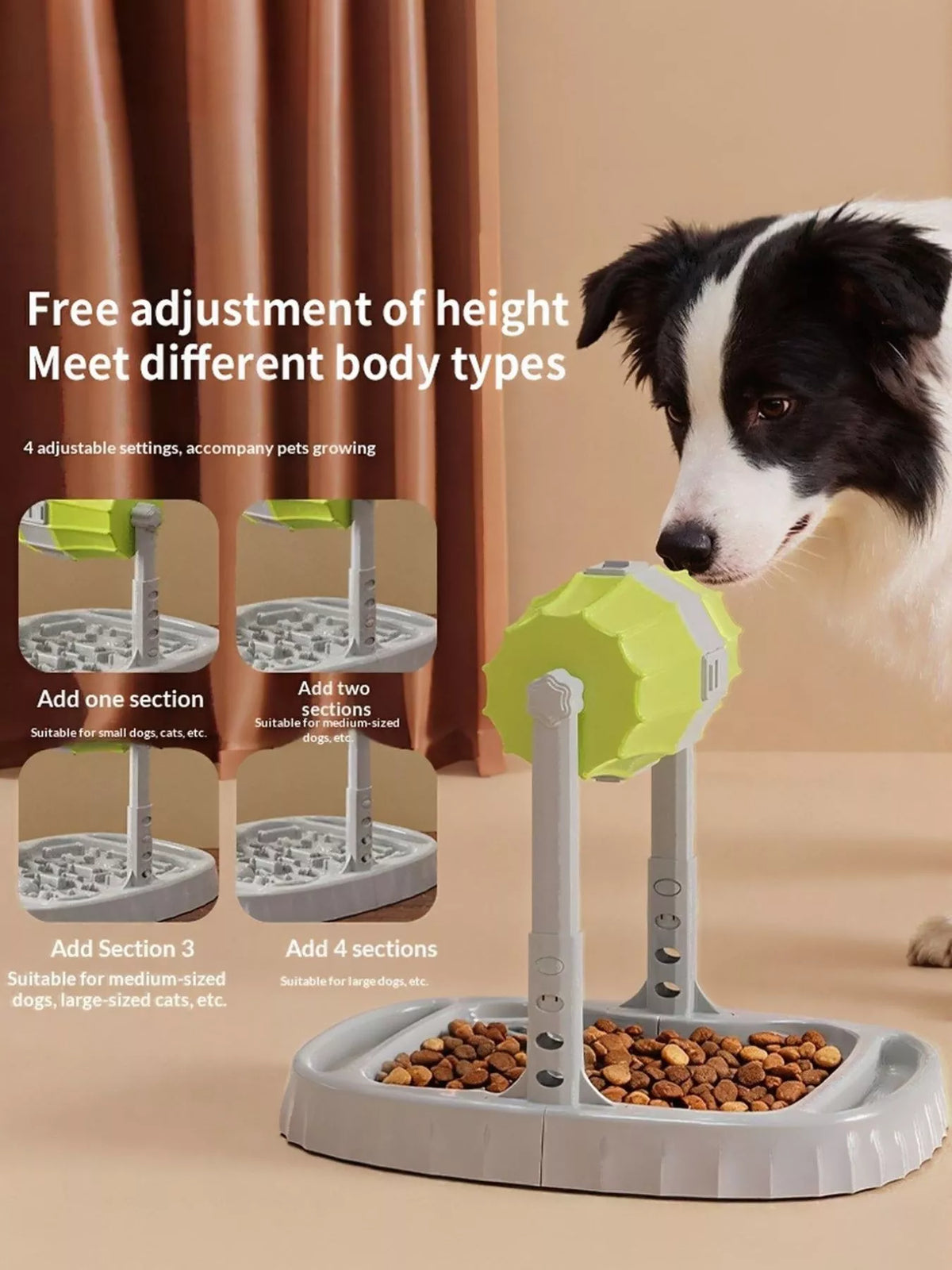 Green Style 1 rotating pet treat dispenser with four illustrated stand-height settings; dog and food shown for scale, not included.