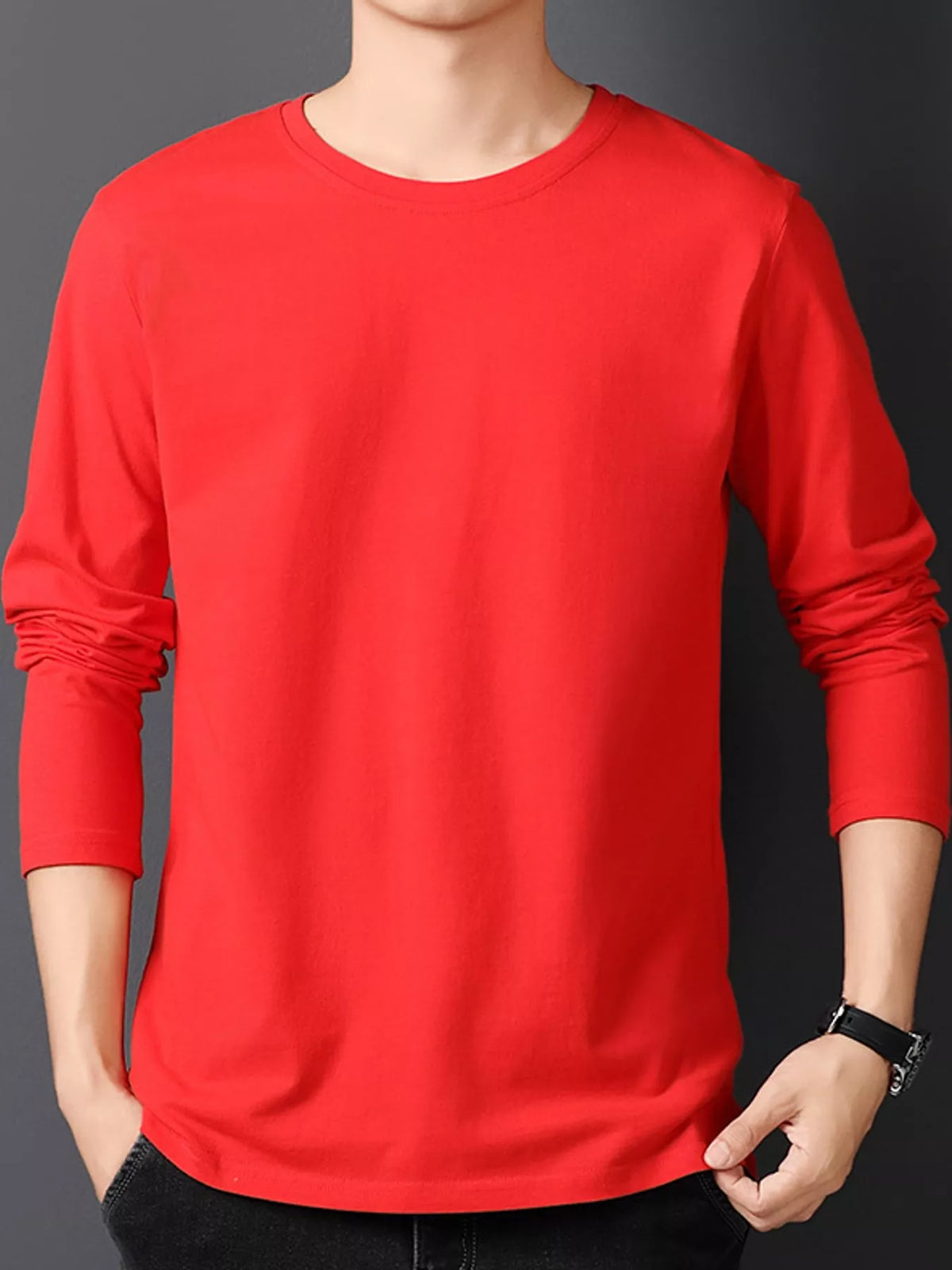 Red men's cotton long-sleeve crewneck tee, front view.