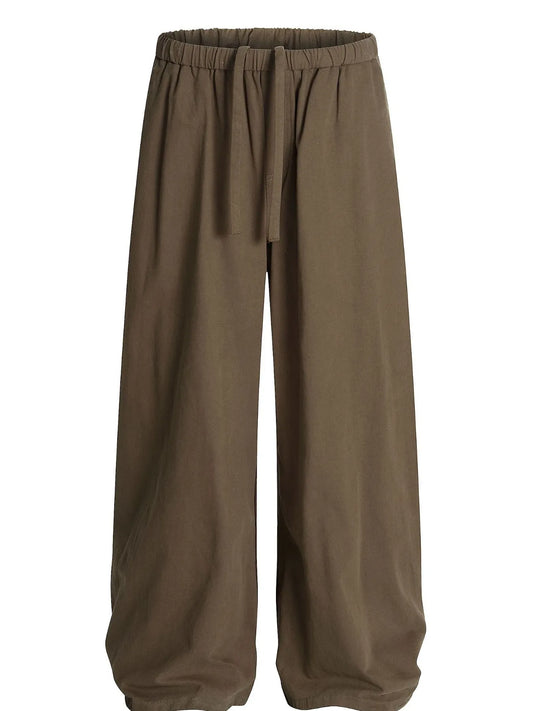 Olive brown men's wide-leg drawstring trousers — front view