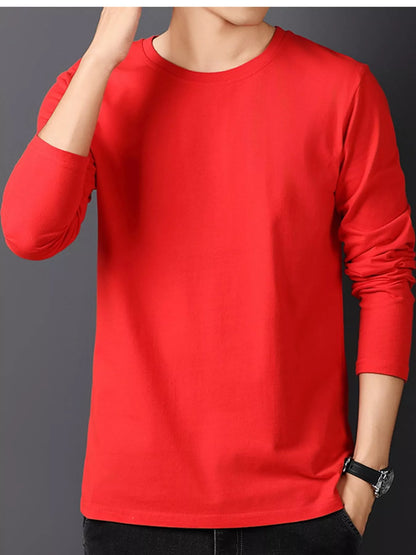 Red men's cotton long-sleeve crewneck tee, front view.
