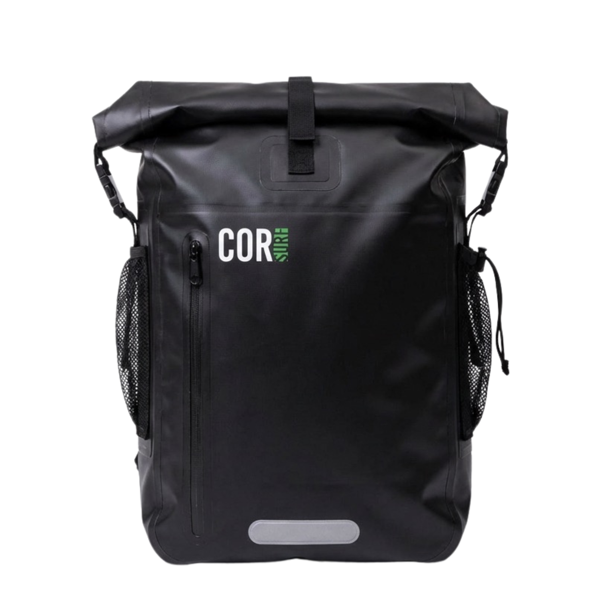 Black COR Surf 40L roll-top backpack, front view.