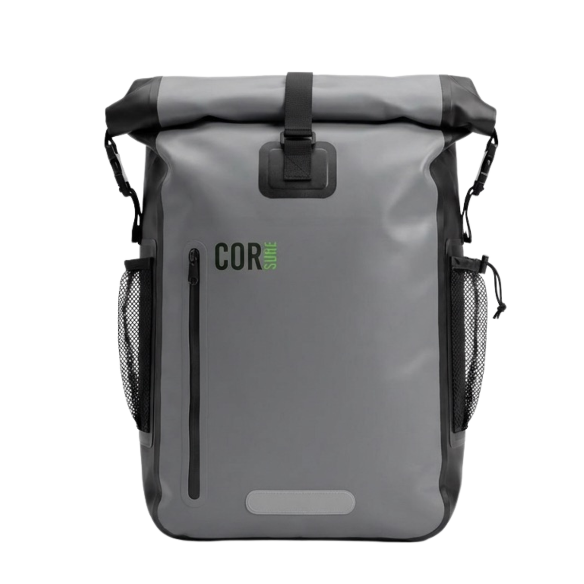 Grey COR Surf 40L roll-top backpack, front view.