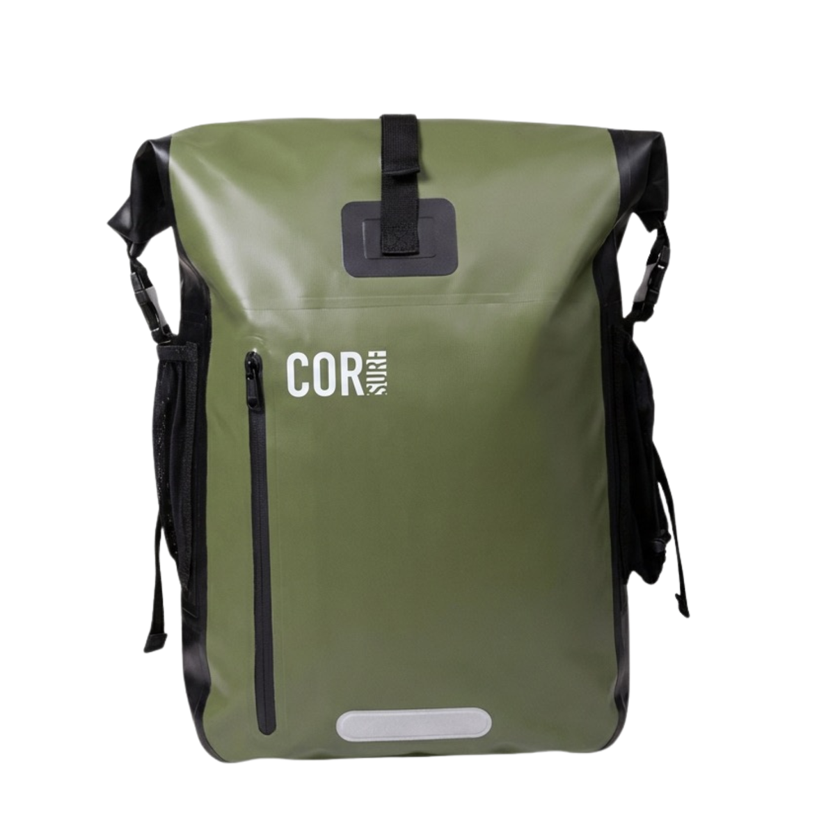 Green COR Surf 40L roll-top backpack, front view.