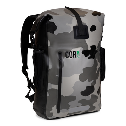 Camouflage COR Surf 40L roll-top backpack, front view.