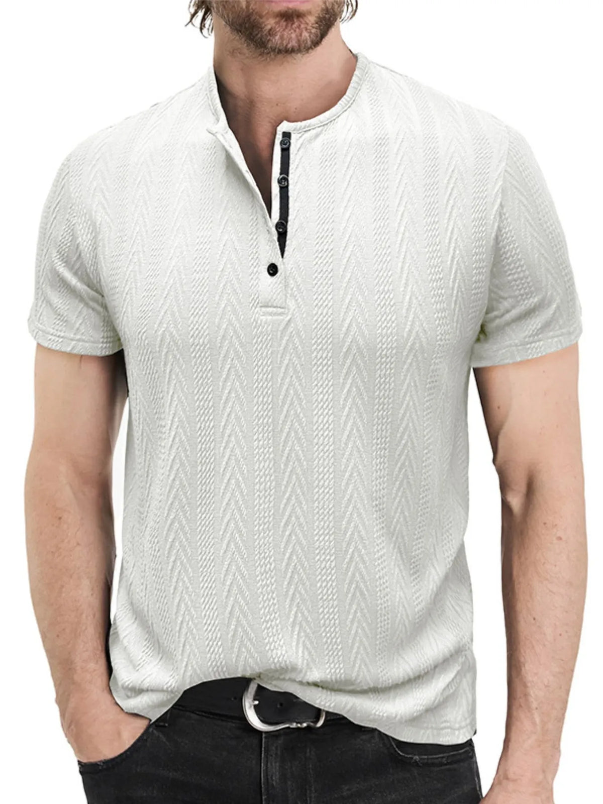 White men's chevron-textured short-sleeve Henley shirt, front view; shirt only