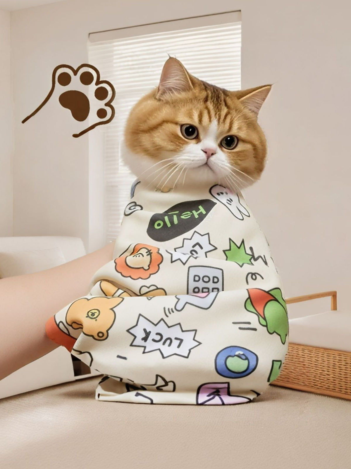 Orange and white cat wrapped in a colorful cartoon-print pet bath towel.