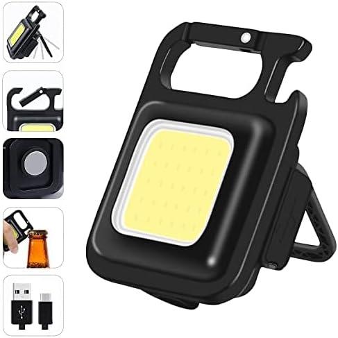 Feature collage of the Powertac SOL keychain utility light, showing its fold-out support, clip, magnetic rear, bottle opener, and charging cable.