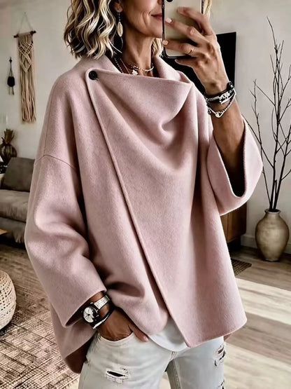 Pink asymmetric cowl-neck cape, modeled front view; one cape included
