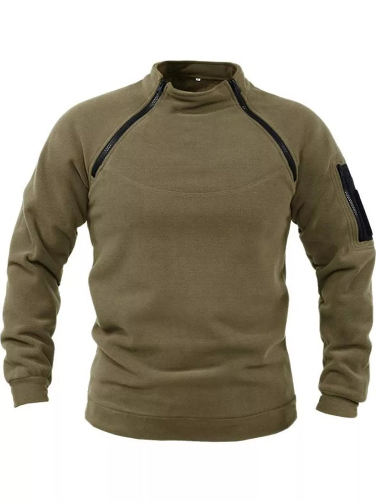 Olive men's fleece sweatshirt with stand collar, two angled neckline zips and a zippered sleeve pocket, front product view. One sweatshirt only.