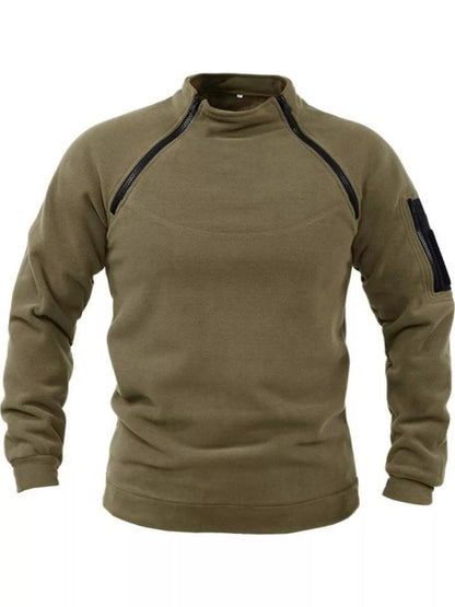 Olive men's fleece sweatshirt with stand collar, two angled neckline zips and a zippered sleeve pocket, front product view. One sweatshirt only.