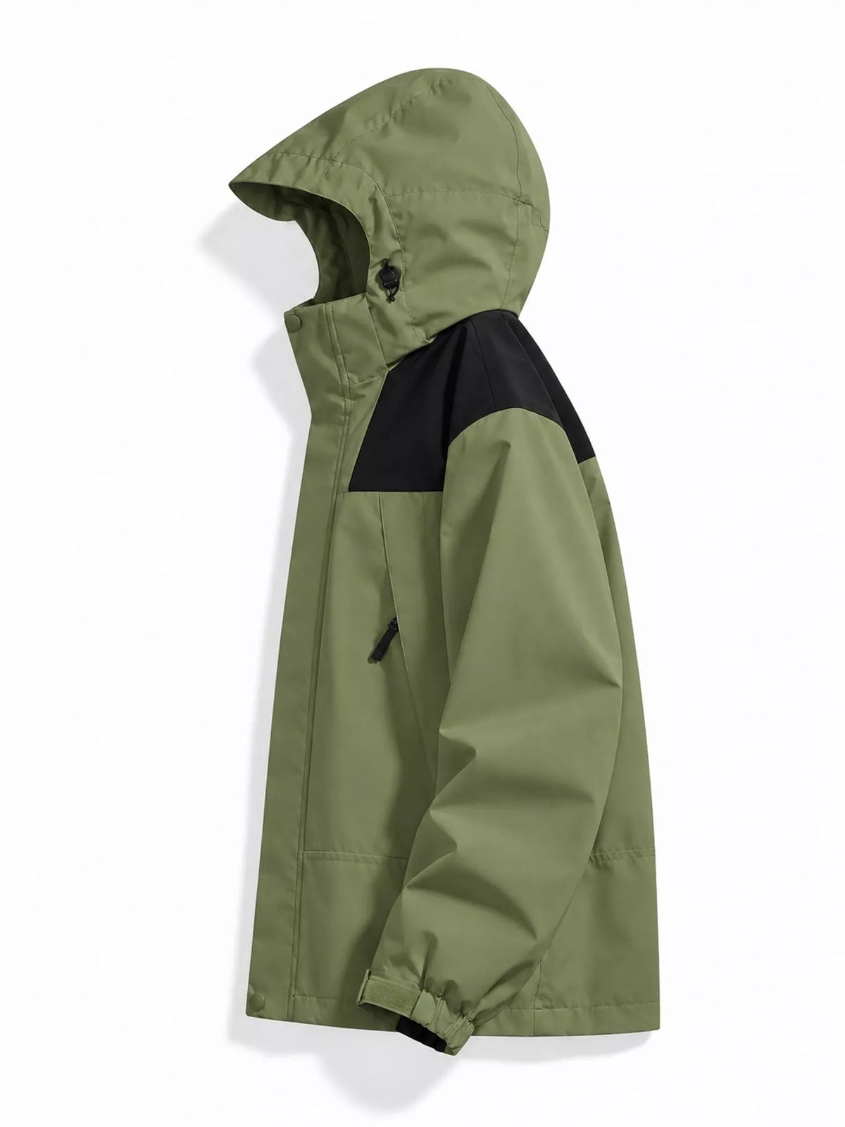 Green windbreaker with black shoulder panels, side view.