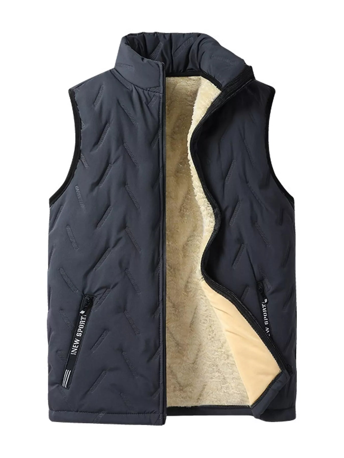 Gray stand-collar men's fleece-lined quilted vest, front view, partly unzipped to show the lining. One vest only.