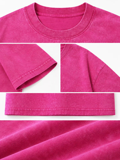 Hot Pink-Washed acid-wash oversized crewneck T-shirt, detail collage of neckline, sleeves, hem and fabric. One shirt only.