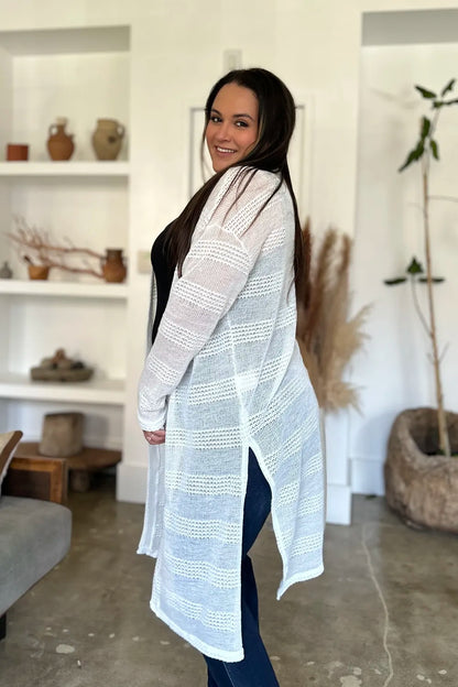 White Double Take openwork longline cardigan — side view