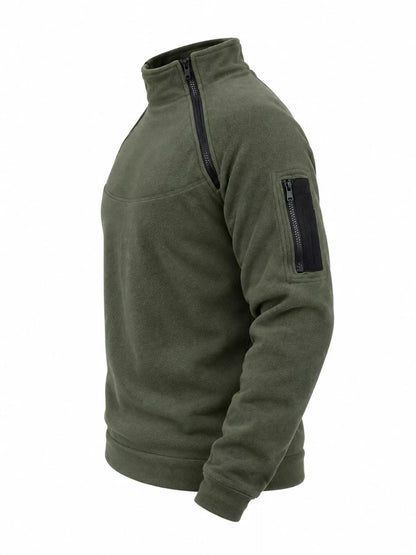 Army Green men's fleece sweatshirt with stand collar, two angled neckline zips and a zippered sleeve pocket, side product view. One sweatshirt only.