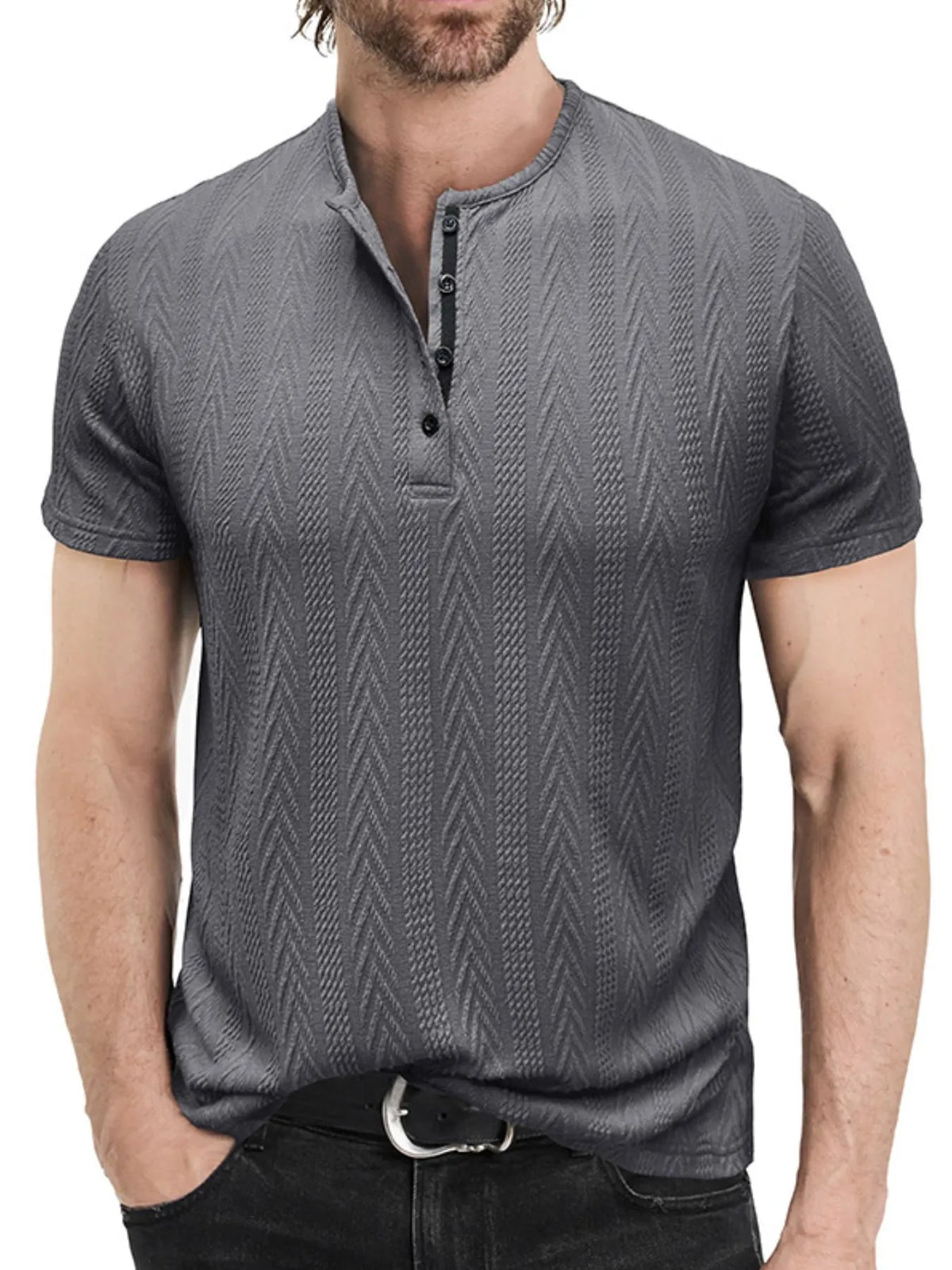 Charcoal gray men's chevron-textured short-sleeve Henley shirt, front view; shirt only