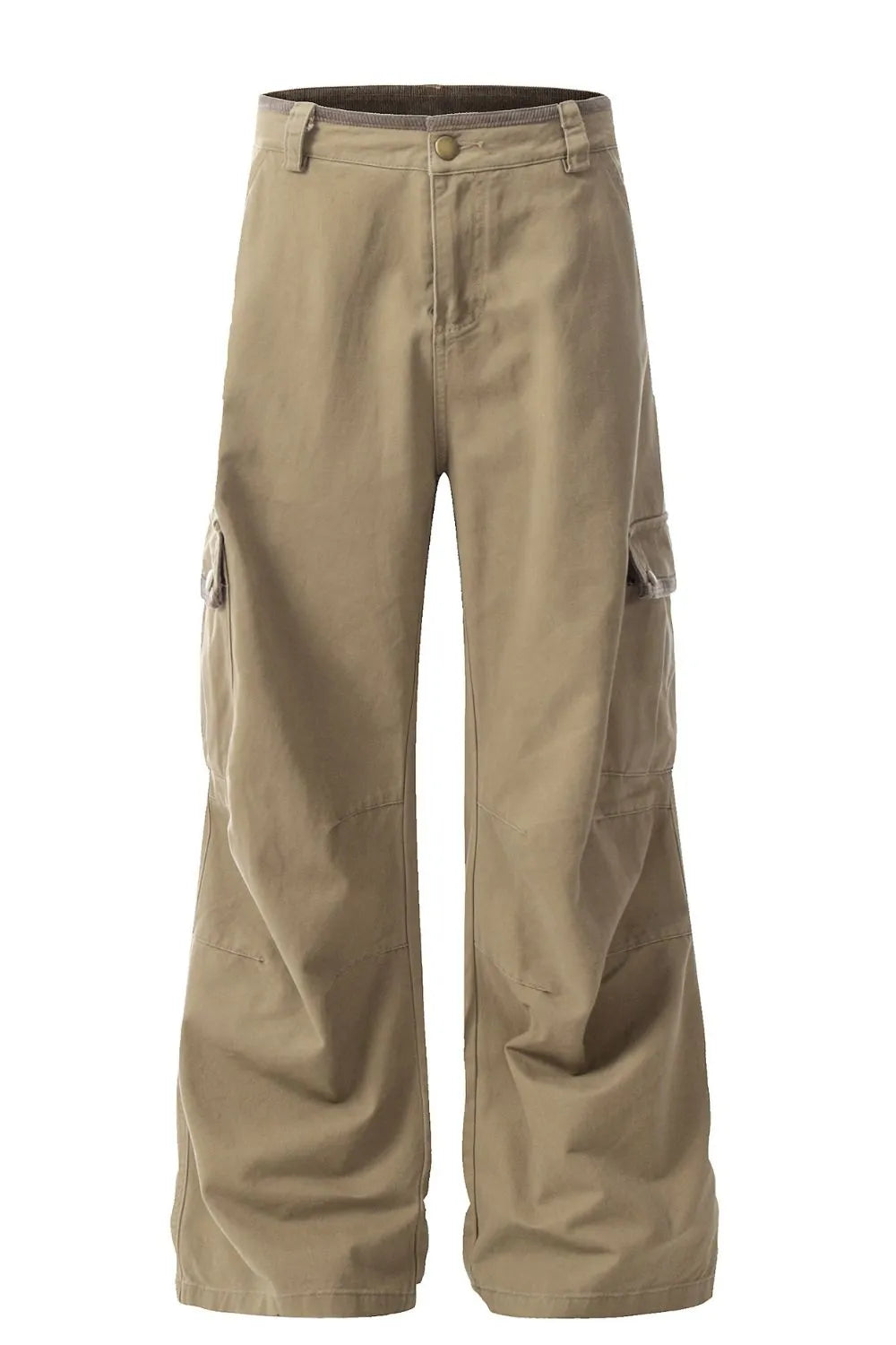 Front view of khaki men's cargo trousers with side flap pockets and belt loops
