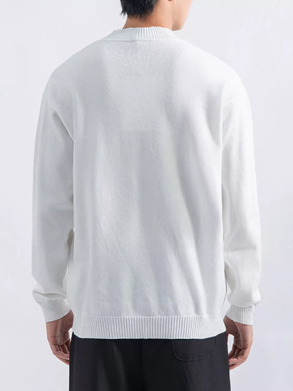 Men's White minimalist mock-neck sweater, back view. Trousers are styling items and are not included.