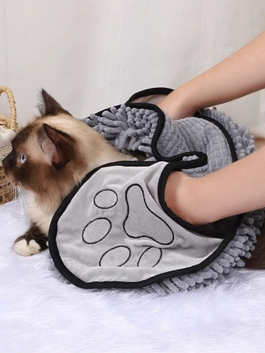Gray paw-print pet towel demonstrated drying a cat; one towel