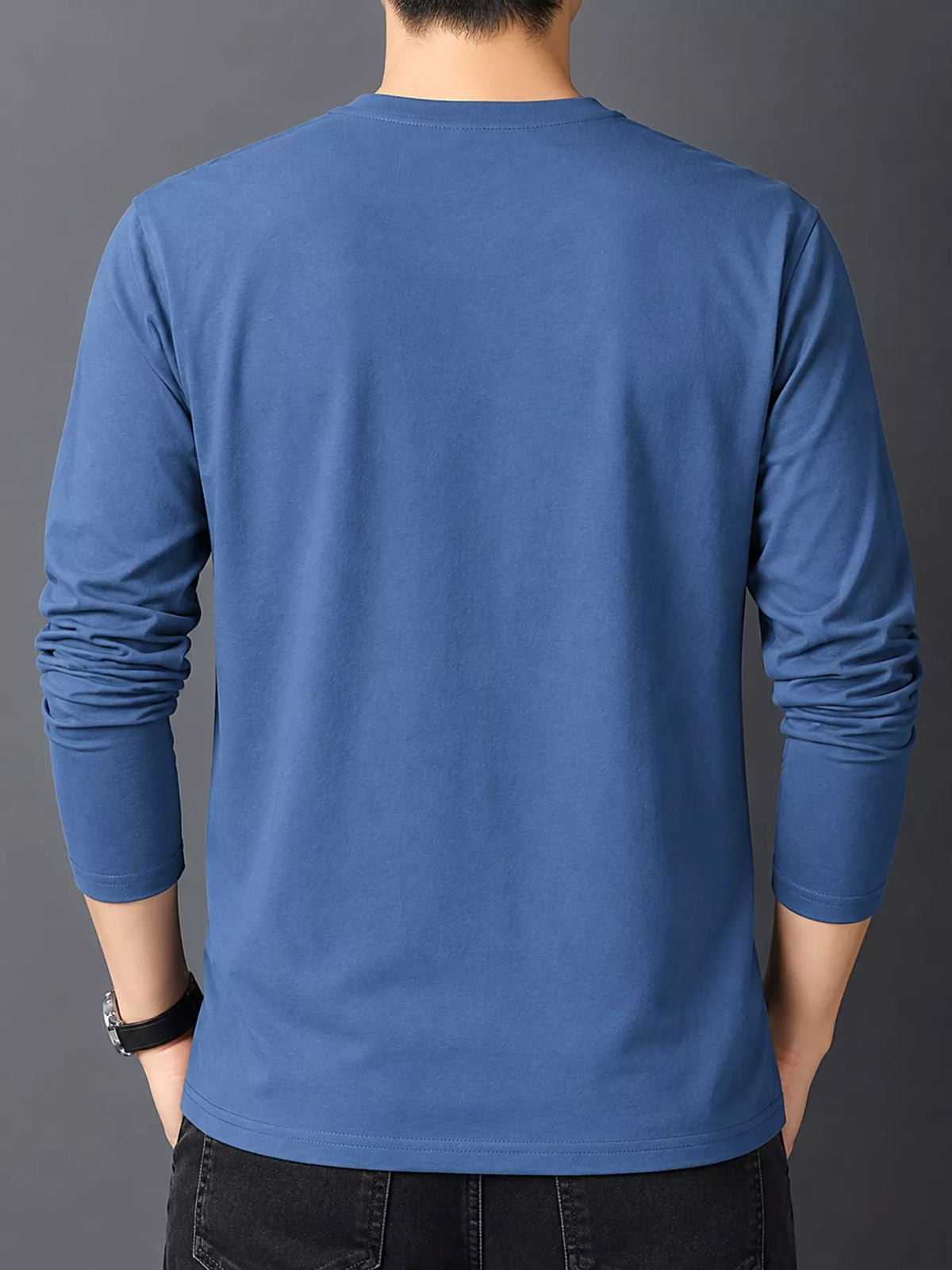 Dusty Blue men's cotton long-sleeve crewneck tee, back view.