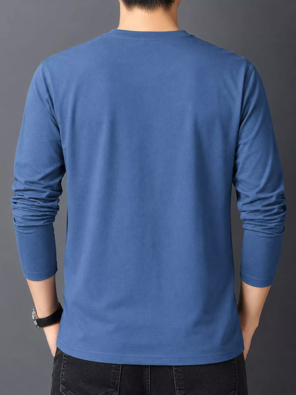Dusty Blue men's cotton long-sleeve crewneck tee, back view.