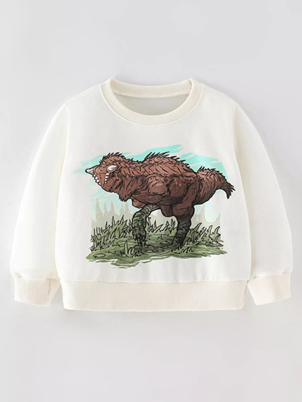 White children's crew-neck sweatshirt with a dinosaur graphic on the front.