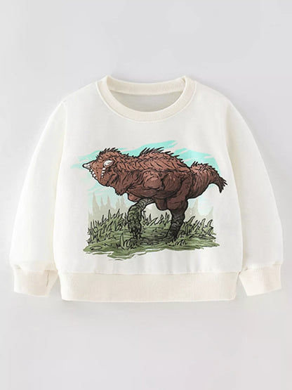 White children's crew-neck sweatshirt with a dinosaur graphic on the front.