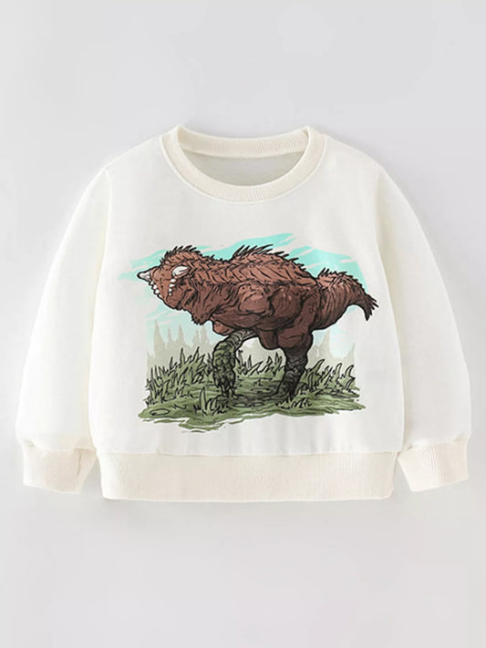 White children's crew-neck sweatshirt with a dinosaur graphic on the front.