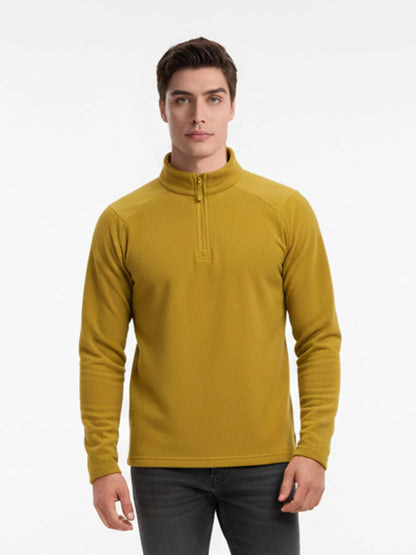 Mustard half-zip sweatshirt on a model, front view; sweatshirt only