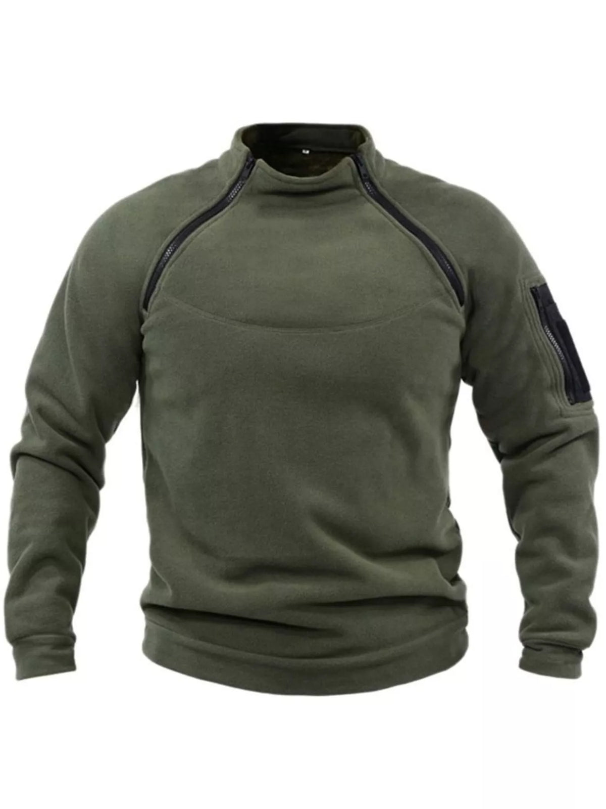 Front view of the Army Green fleece sweatshirt with a stand collar, angled neck zips and a sleeve pocket.