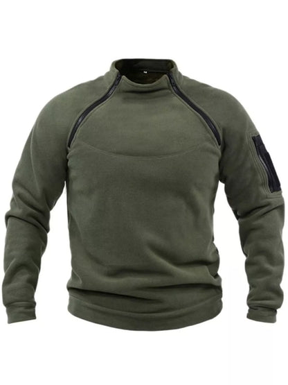 Front view of the Army Green fleece sweatshirt with a stand collar, angled neck zips and a sleeve pocket.