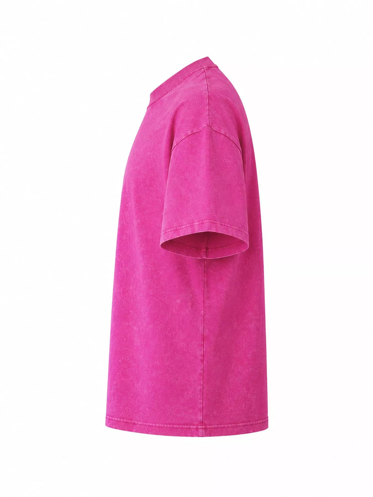 Hot Pink-Washed acid-wash oversized crewneck T-shirt, side view. One shirt only.