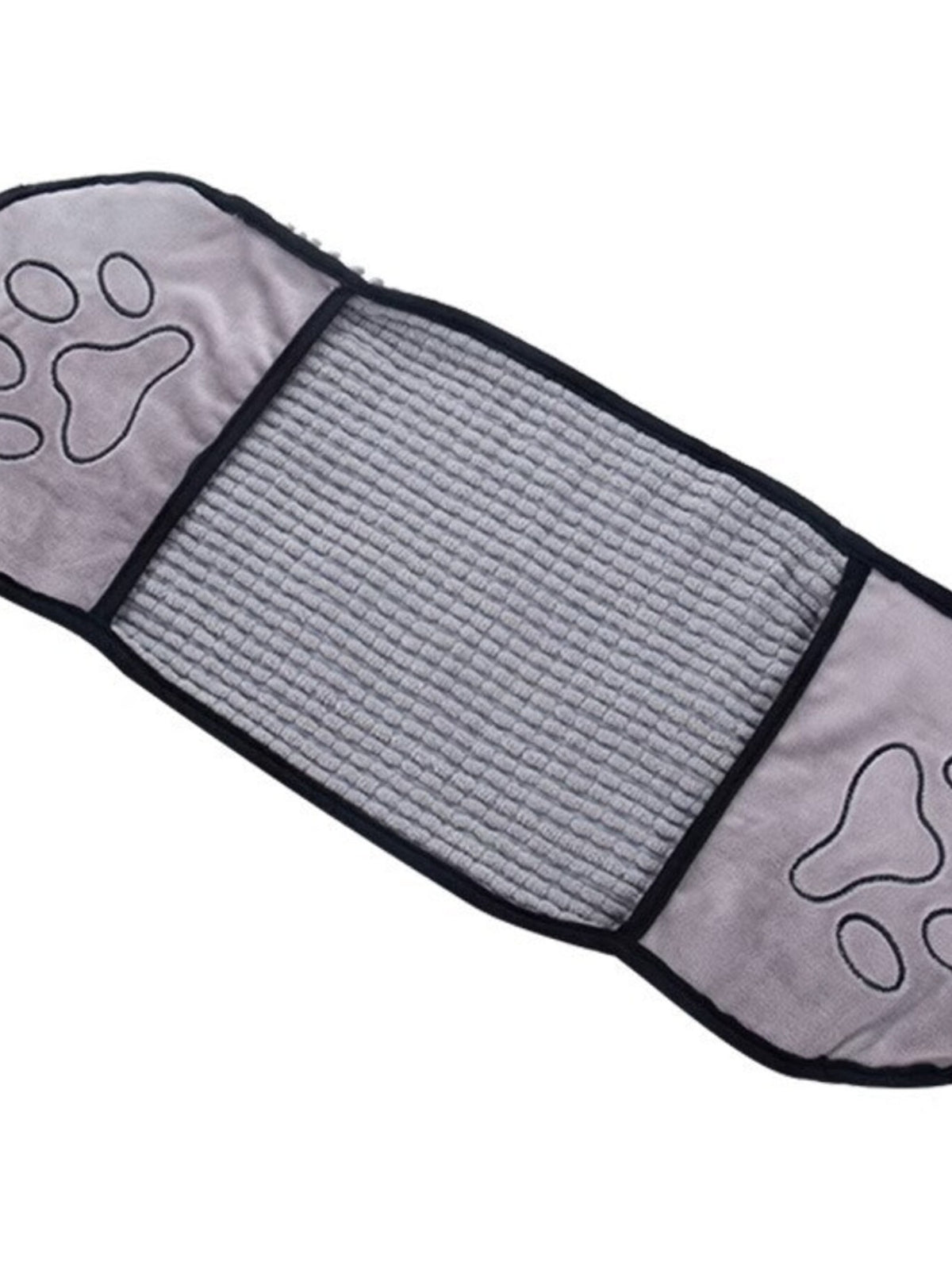 Gray pet towel laid flat with hand pockets at both ends