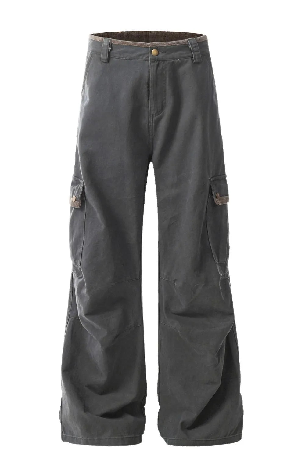 Front view of dark grey men's cargo trousers with side flap pockets and belt loops