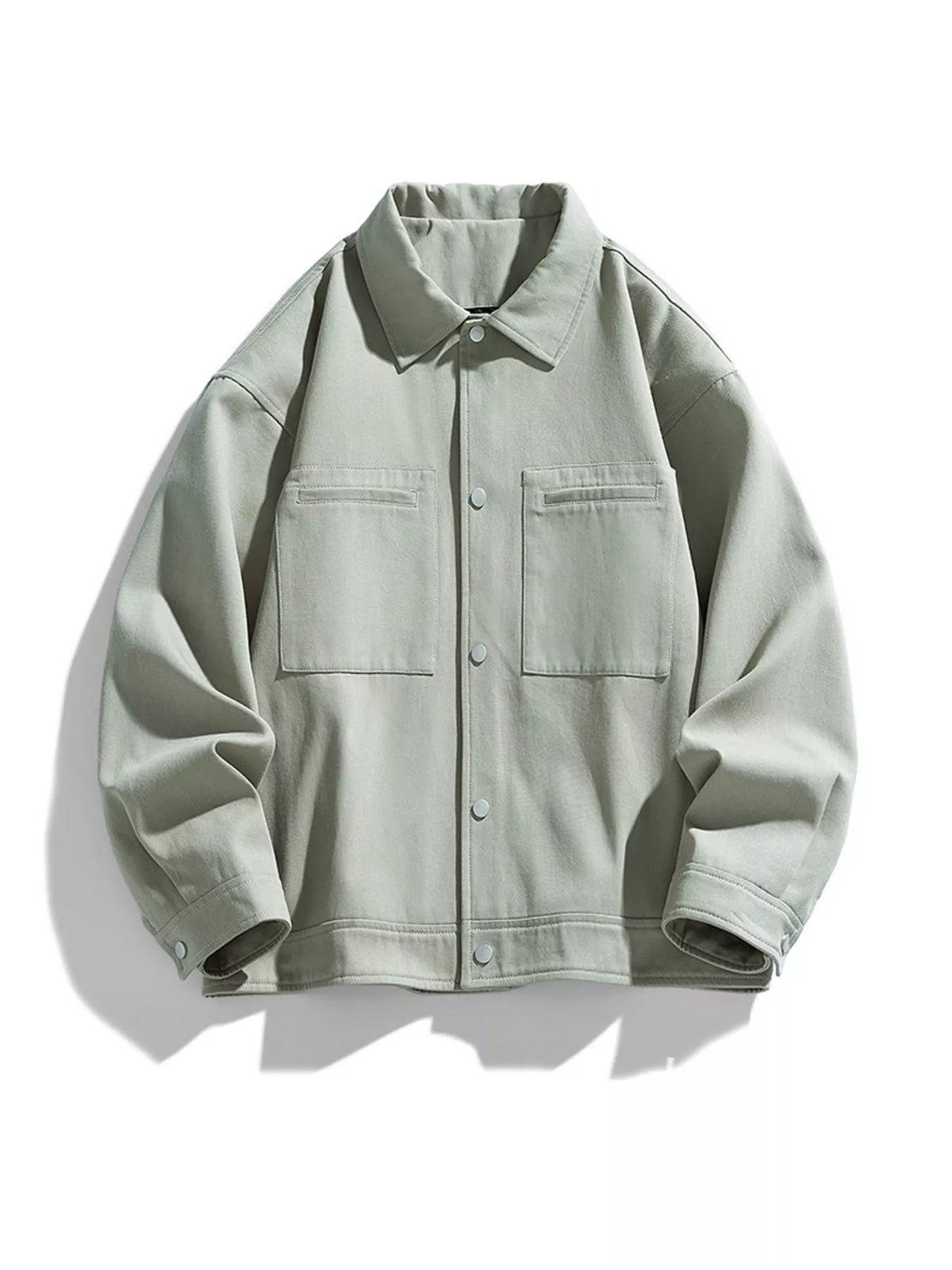 Salt Gray Green snap-front jacket shown on its own from the front, with two chest patch pockets.
