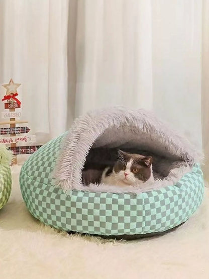Blue checkerboard covered pet nest with a cat inside; one nest sold separately.